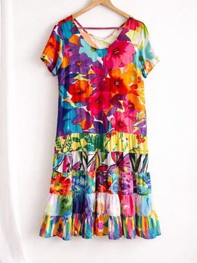 Jams World Floral Tiered Dress XL Bright Tropical Print Relaxed Fit Summer VNeck